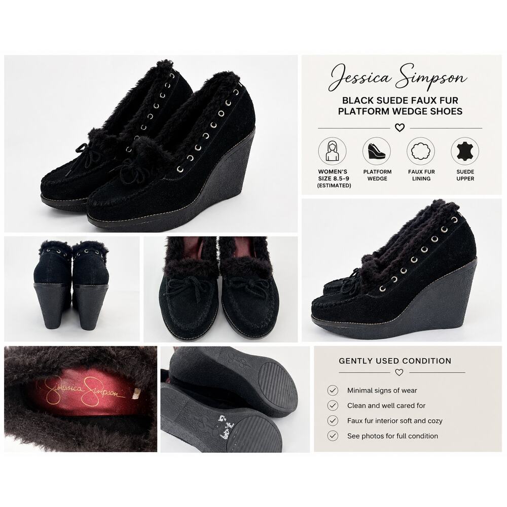 Jessica Simpson Black Suede Faux Fur Platform Wedge Shoes Women’s 8.5 9 - Picture 2 of 11